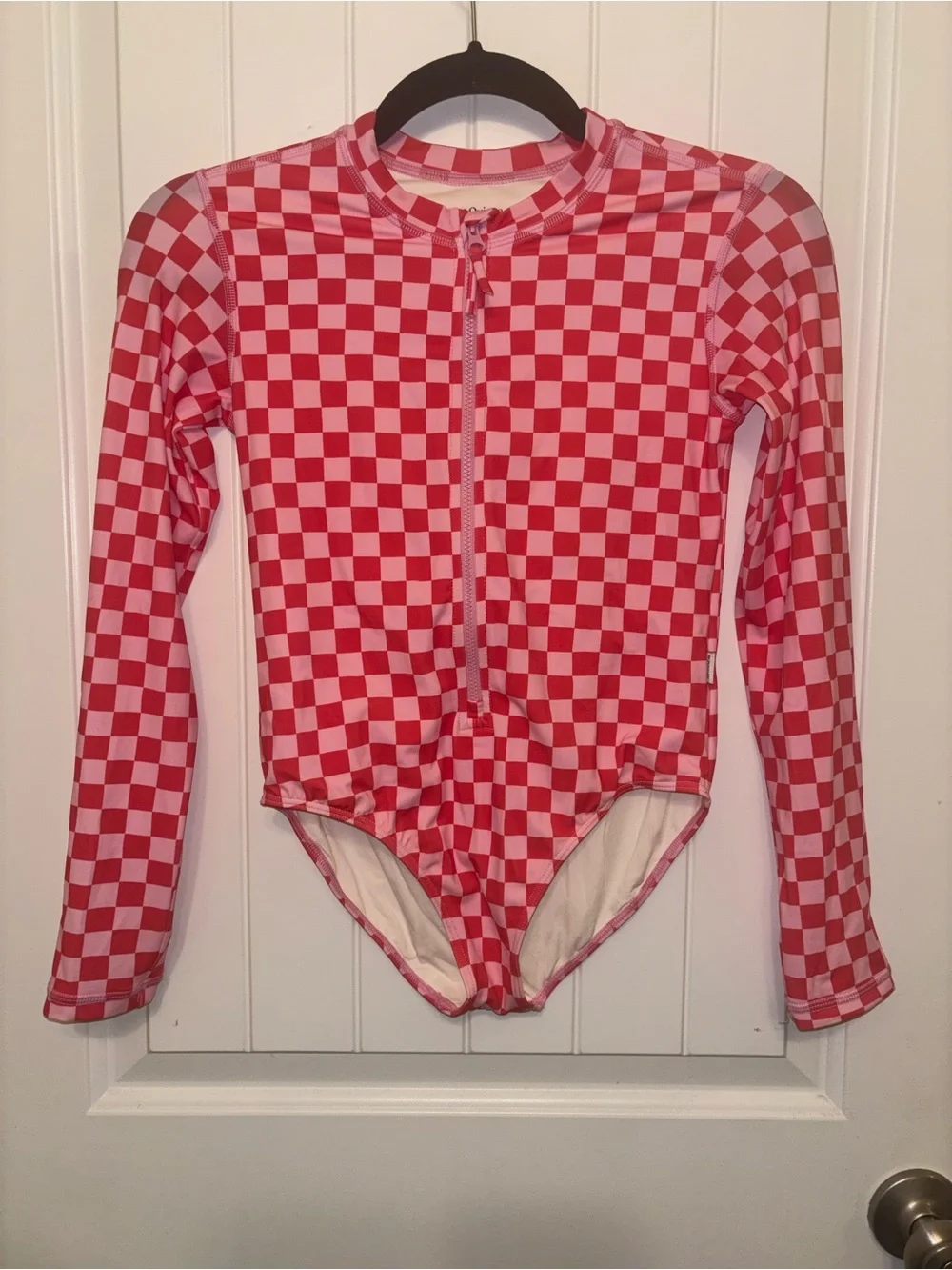 Quince long sleeve checkered zip up swimsuit girls size 12